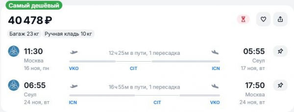Туристам предлагается слетать в Южную Корею за 40 тысяч рублей